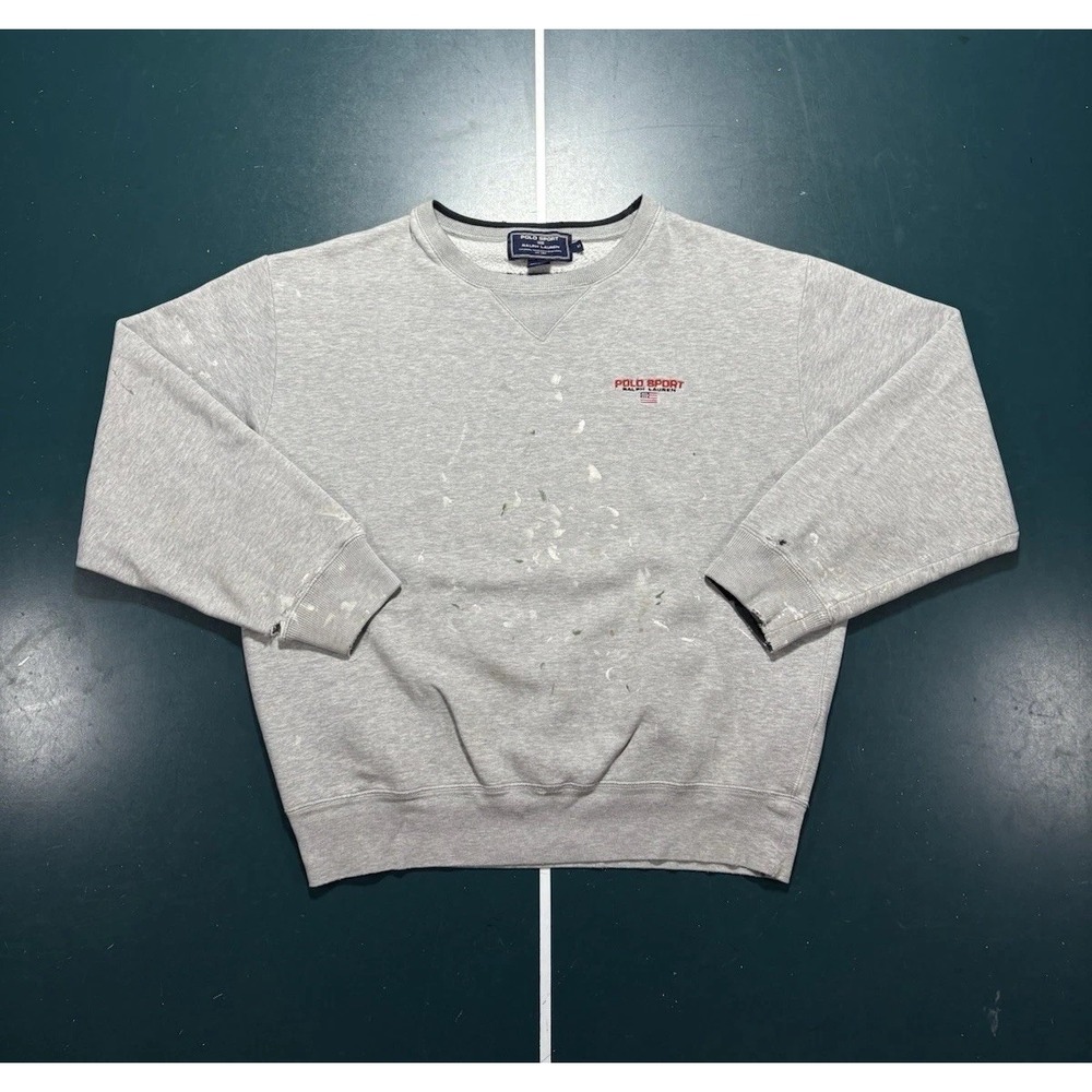 Vtg Polo Sport Ralph Lauren Single V Crewneck‎ Sweatshirt Medium Gray Paint 90s